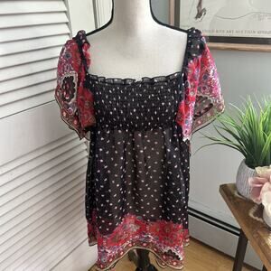Vintage PINKY Womens Tunic XL Black Sheer Chiffon Babydoll Milkmaid Retro Y2K